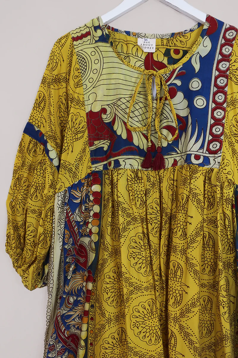 Daisy Maxi Smock Dress - Zesty Yellow Peacock Block Print - Vintage Cotton - Size M/L - Image 2