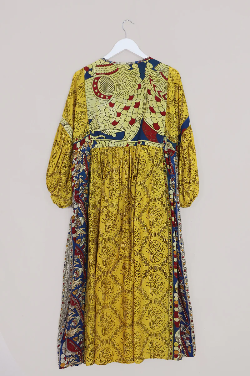 Daisy Maxi Smock Dress - Zesty Yellow Peacock Block Print - Vintage Cotton - Size M/L - Image 3