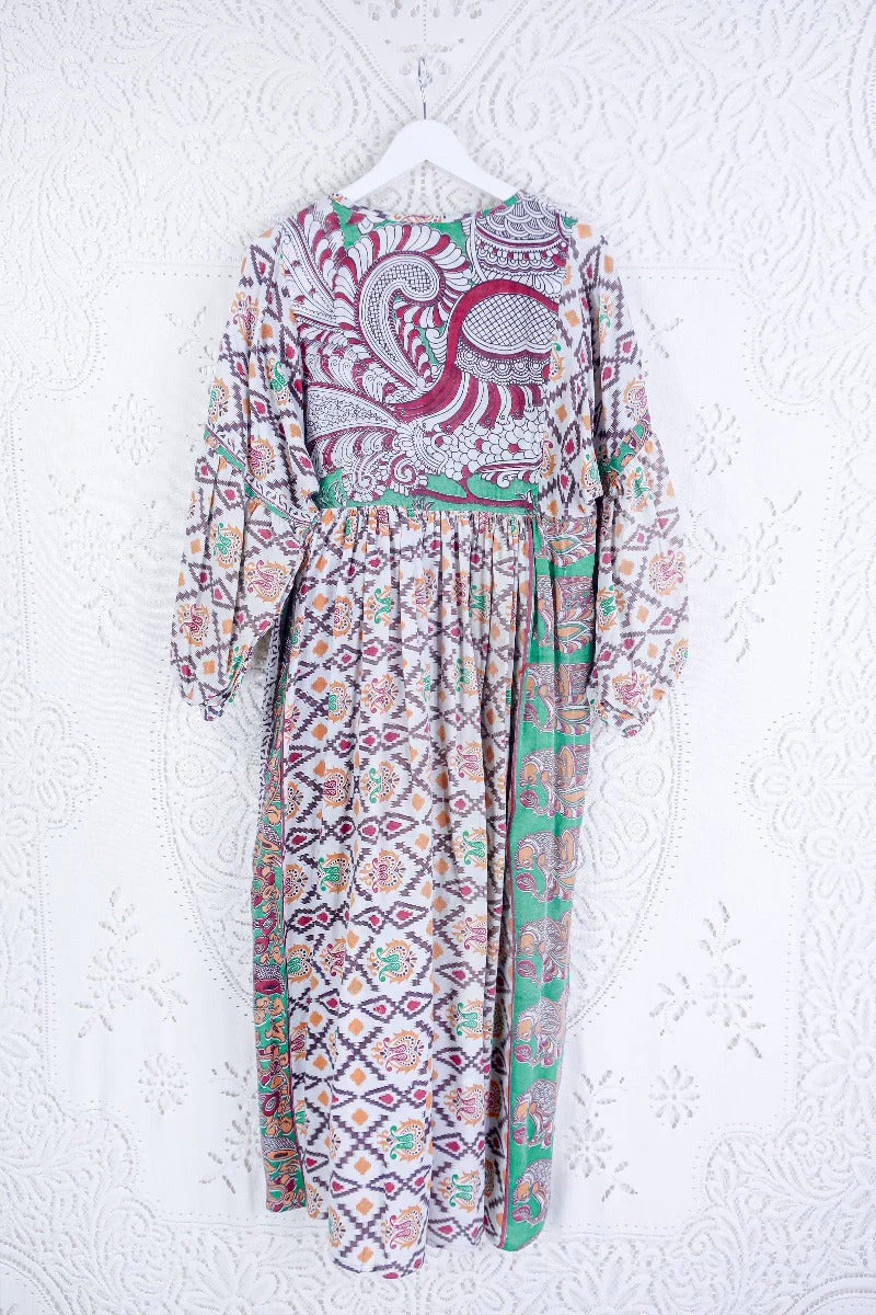 Daisy Midi Smock Dress - Vintage Indian Cotton - Oat White & Jewel Tone Peacock Motif - S/M - Image 3