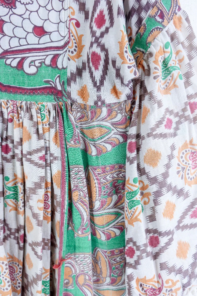 Daisy Midi Smock Dress - Vintage Indian Cotton - Oat White & Jewel Tone Peacock Motif - S/M - Image 4