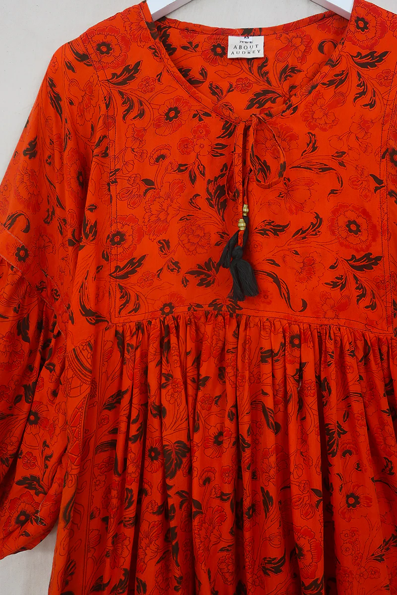 Daisy Midi Smock Dress - Marmalade & Jade Marigold Block Print - Vintage Indian Cotton - Size XS - Image 2