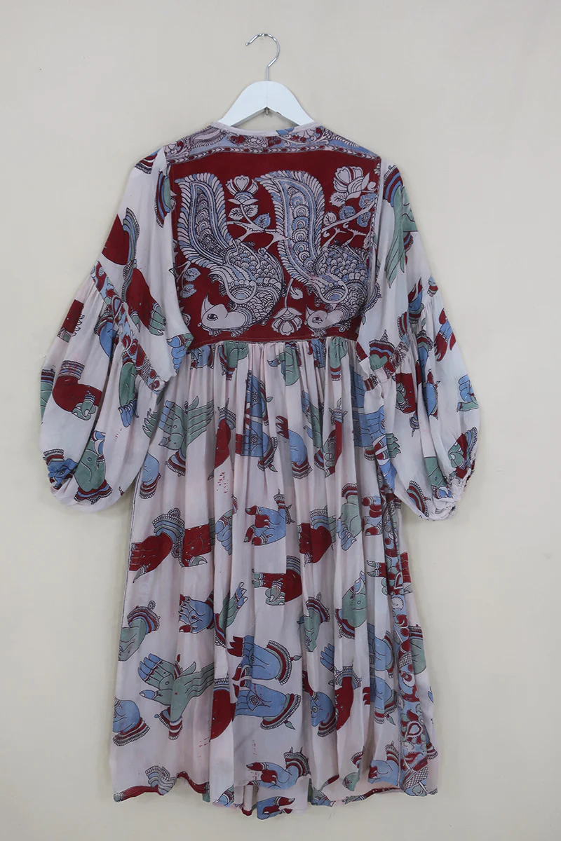 Daisy Midi Smock Dress - Periwinkle Peacock Dancer - Vintage Indian Cotton - Size XS - Image 4