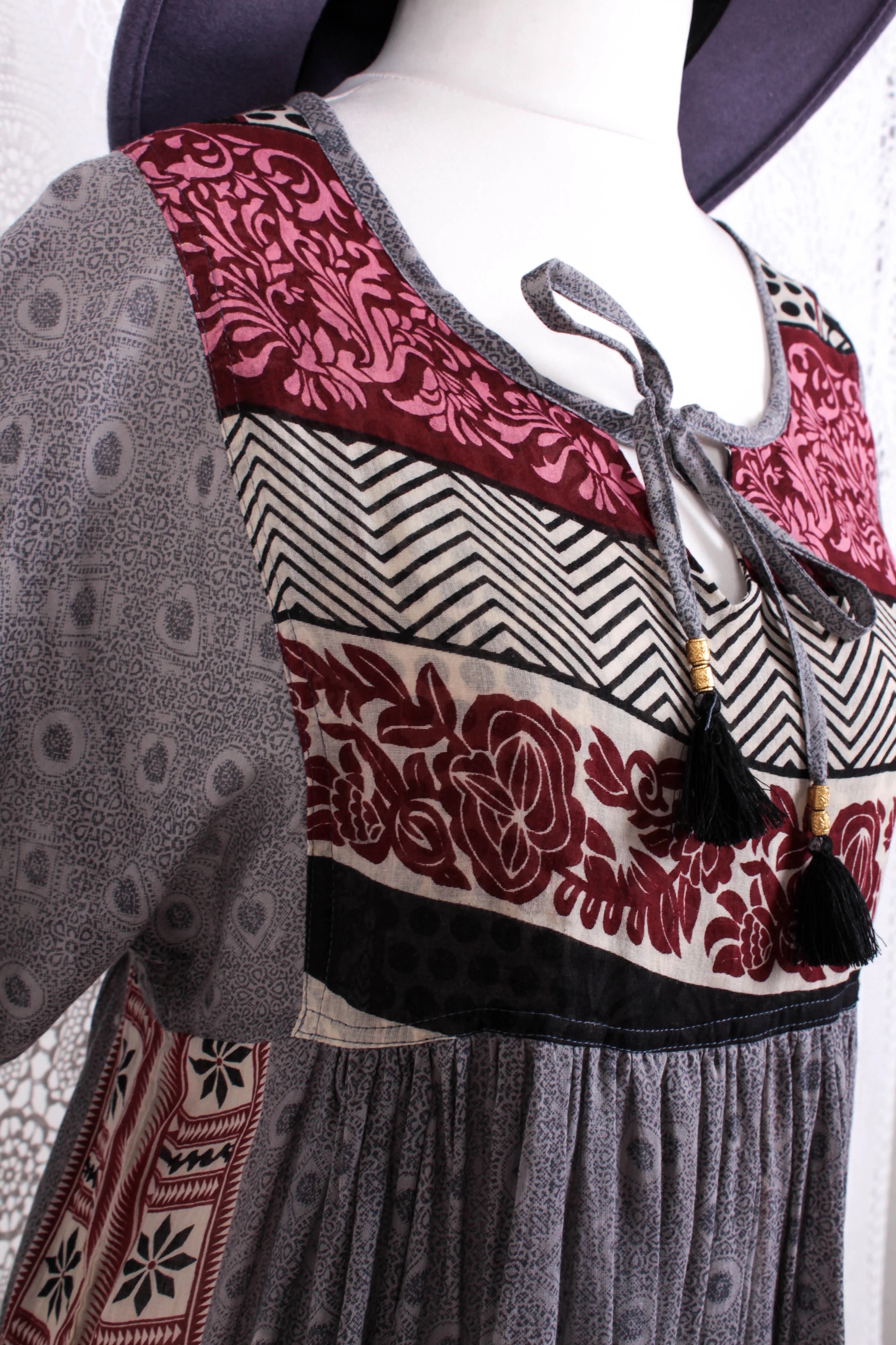 Daisy Midi Smock Dress - Vintage Indian Cotton - Moonlight Grey Victorian Tiles - XS - Image 3