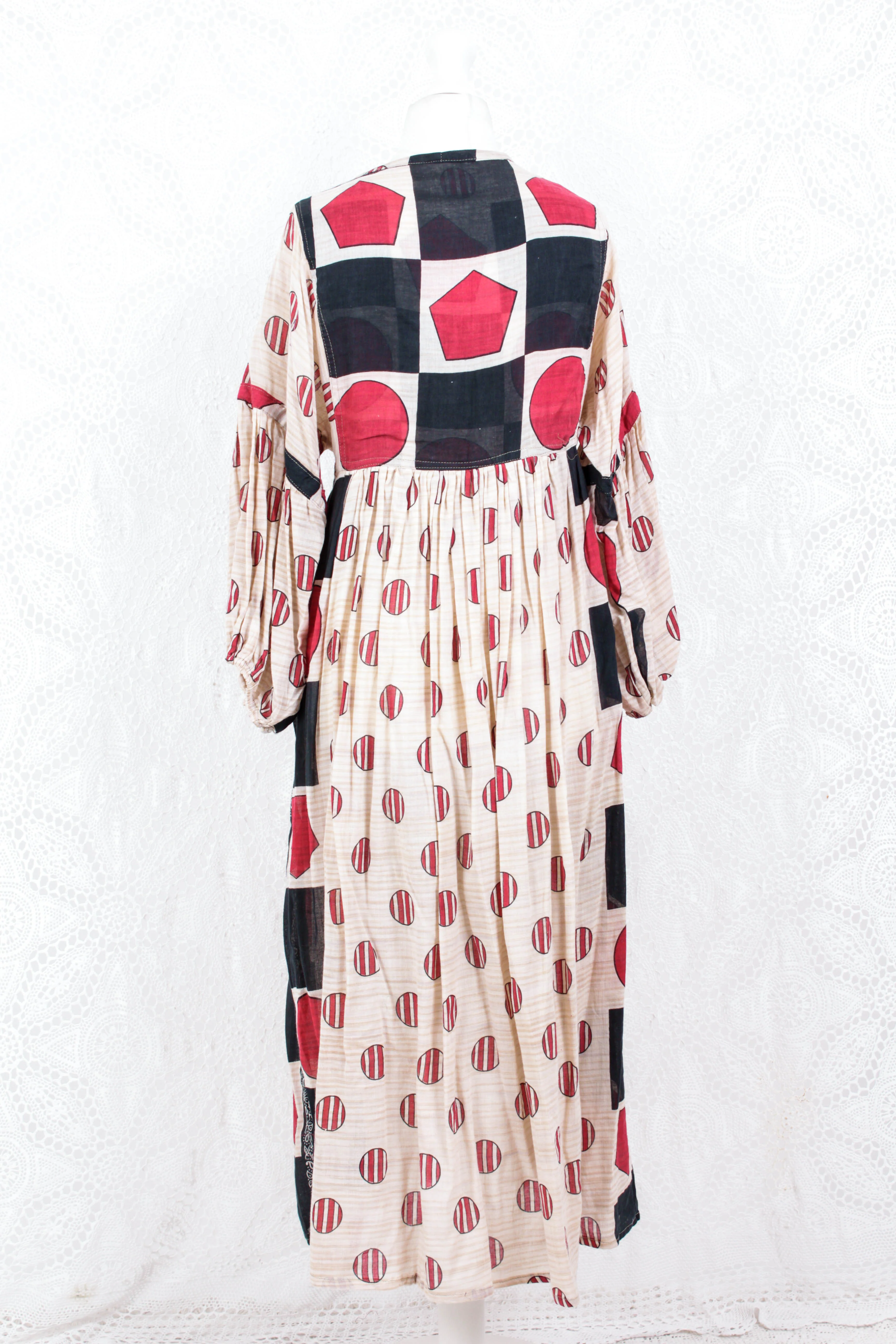 Daisy Midi Smock Dress - Vintage Indian Cotton - Sheer Oatmeal Graphic - XS - Image 3