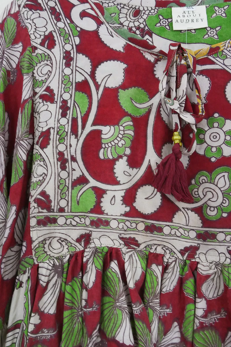 Daisy Smock Top - Cherry & Shiso Hibiscus Bloom - Vintage Cotton - Size M/L - Image 4