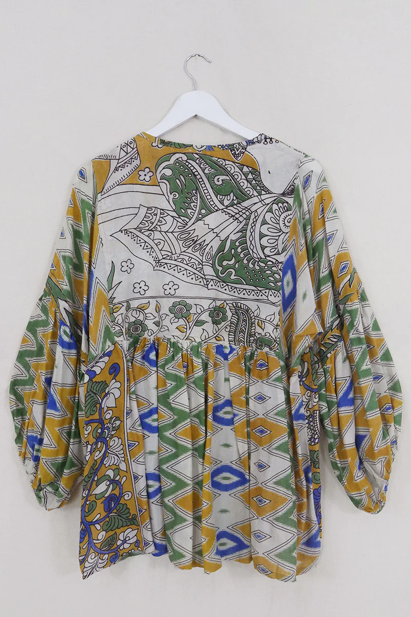 Daisy Smock Top - Mustard & Jungle Green Ikat - Vintage Cotton - Size M/L - Image 4