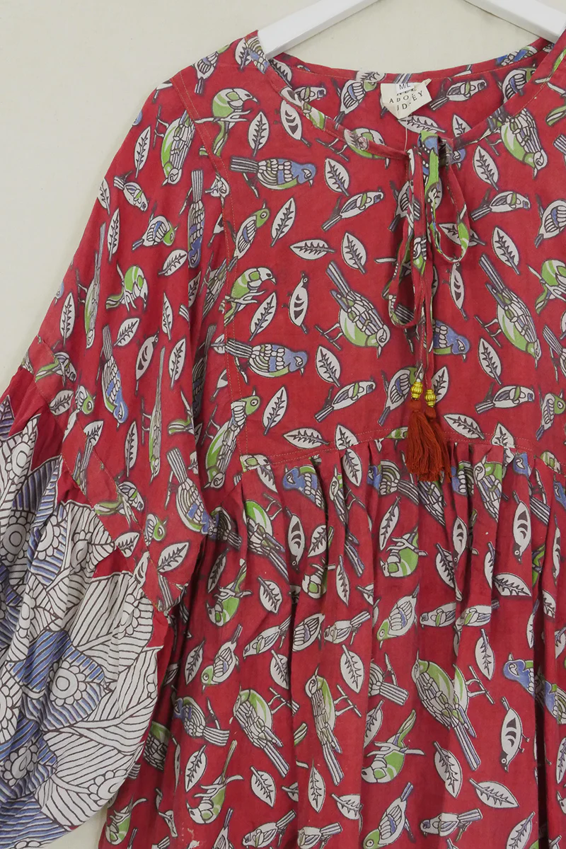 Daisy Smock Top - Scarlet Singing Birds - Vintage Cotton - Size M/L - Image 2
