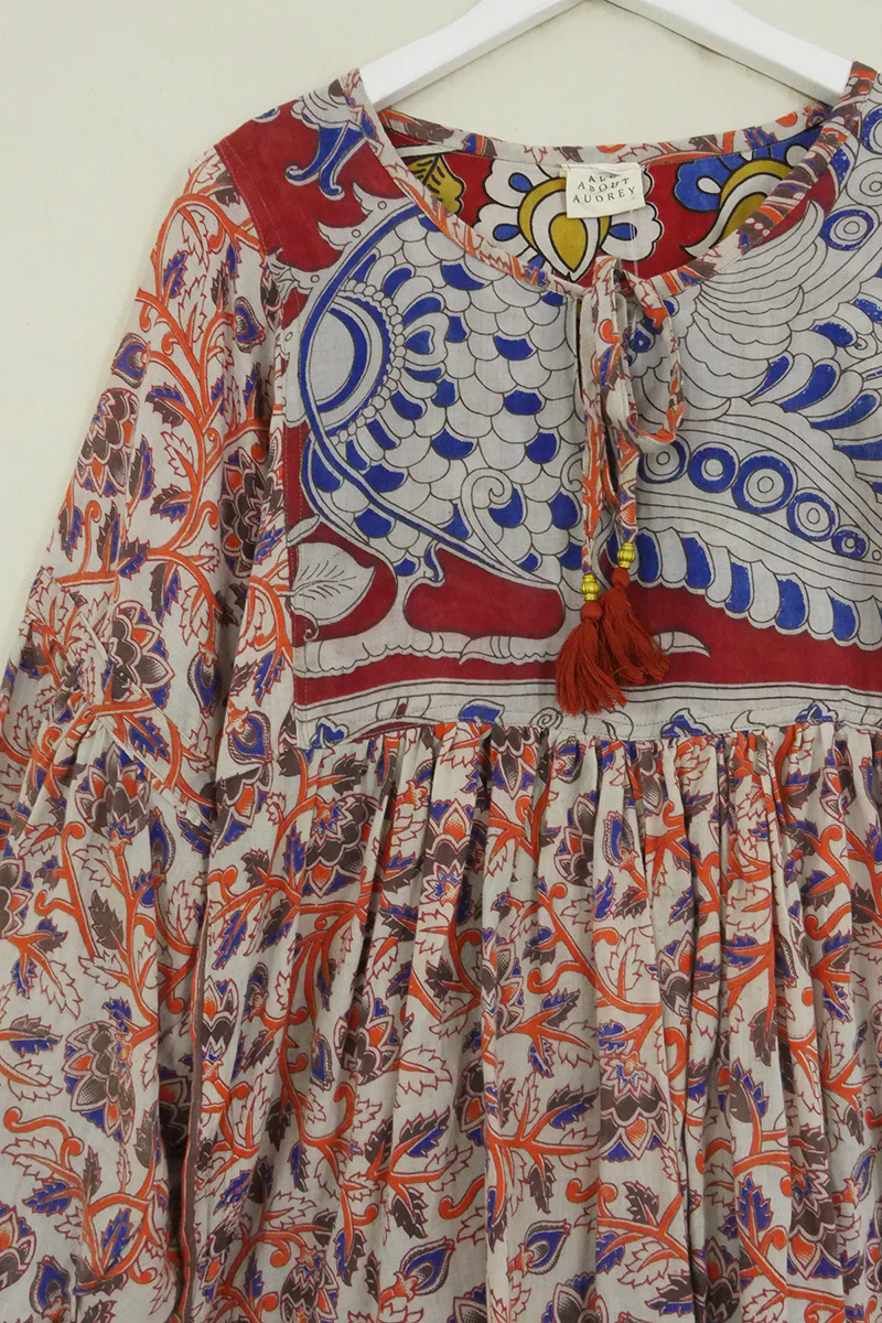 Daisy Smock Top - Ruby & Rust Feathers - Vintage Cotton - Size XS - Image 2
