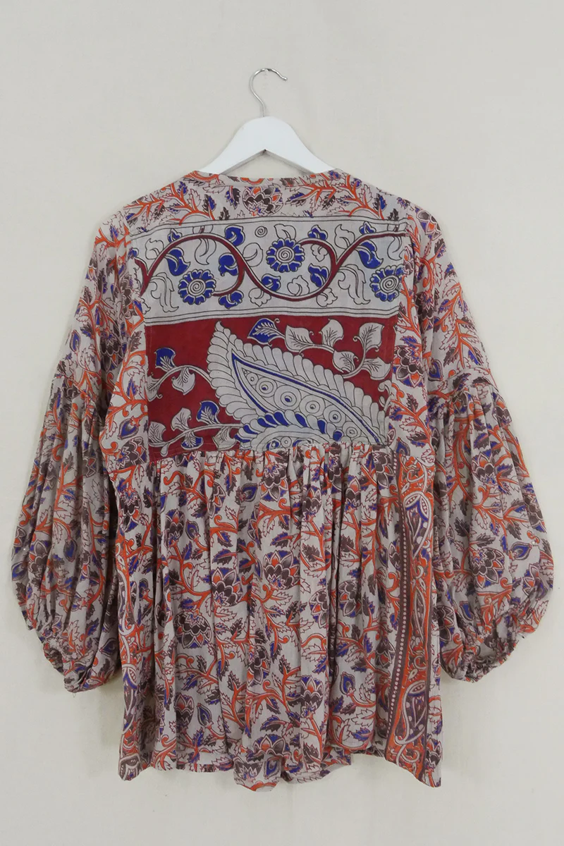 Daisy Smock Top - Ruby & Rust Feathers - Vintage Cotton - Size XS - Image 3