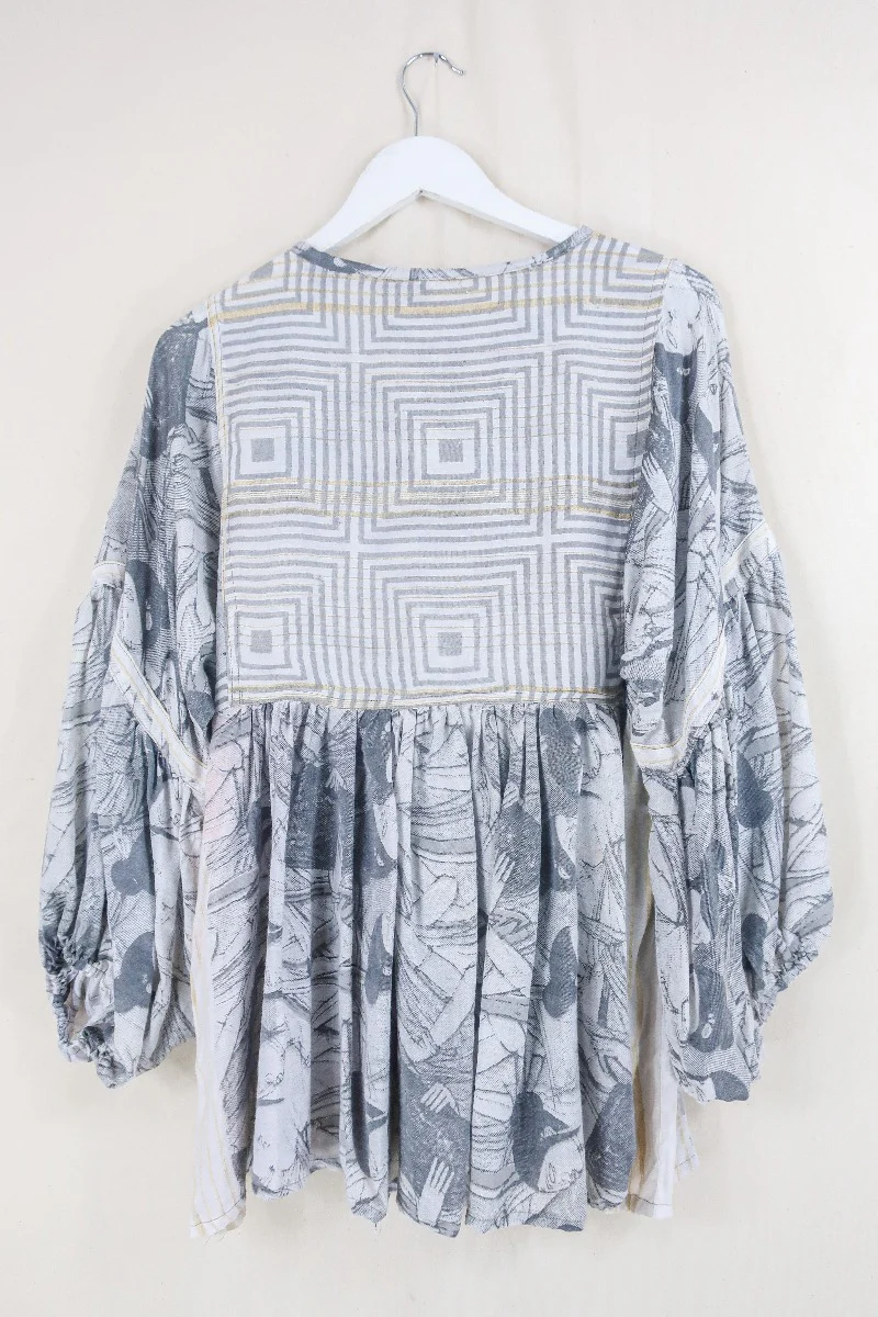 Daisy Smock Top - Gold & Charcoal Sketches - Vintage Indian Cotton - Size XS - Image 3
