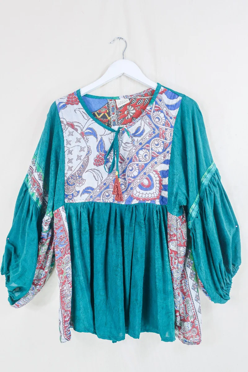 Daisy Smock Top - Deep Sea Jade - Vintage Indian Cotton - Size XS