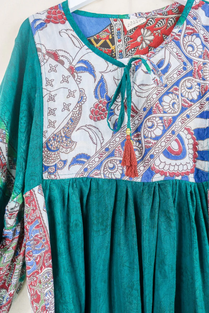 Daisy Smock Top - Deep Sea Jade - Vintage Indian Cotton - Size XS - Image 2