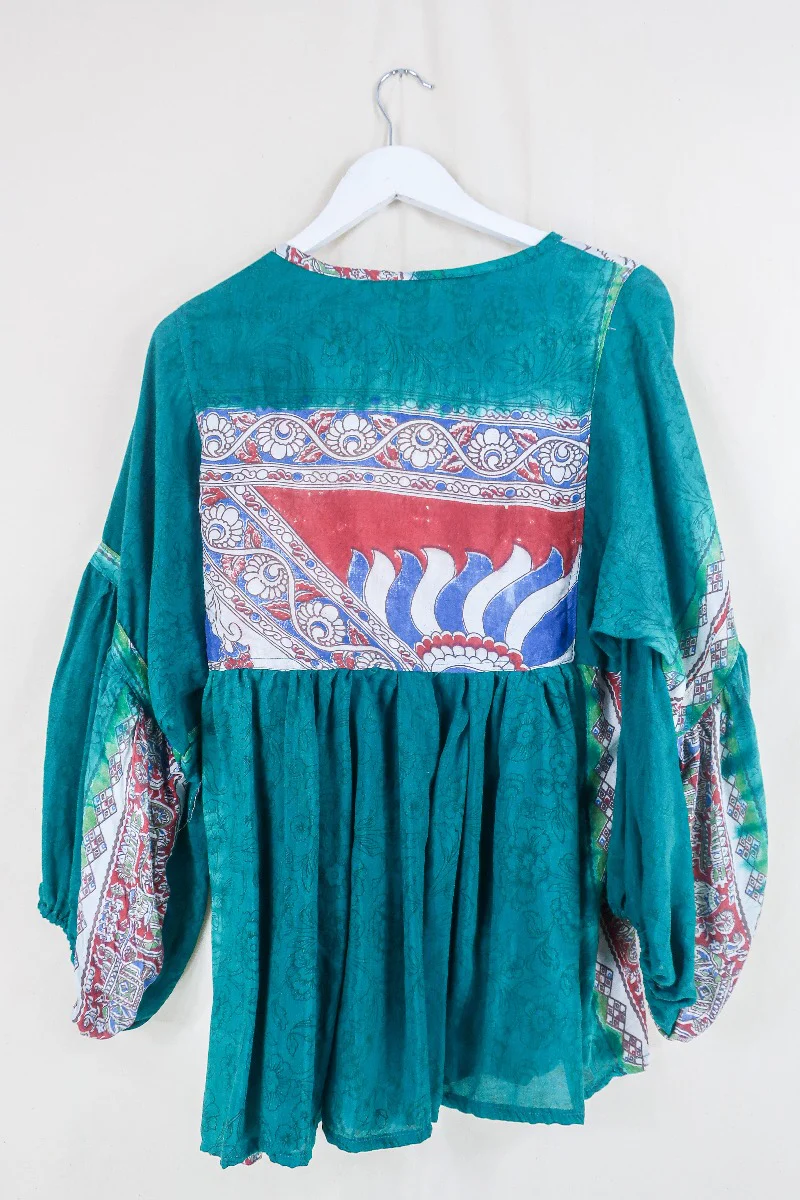 Daisy Smock Top - Deep Sea Jade - Vintage Indian Cotton - Size XS - Image 3
