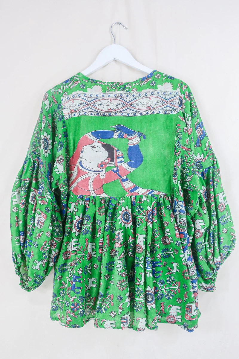 Daisy Smock Top - Grassy Green Animals - Vintage Indian Cotton - Size XS - Image 3