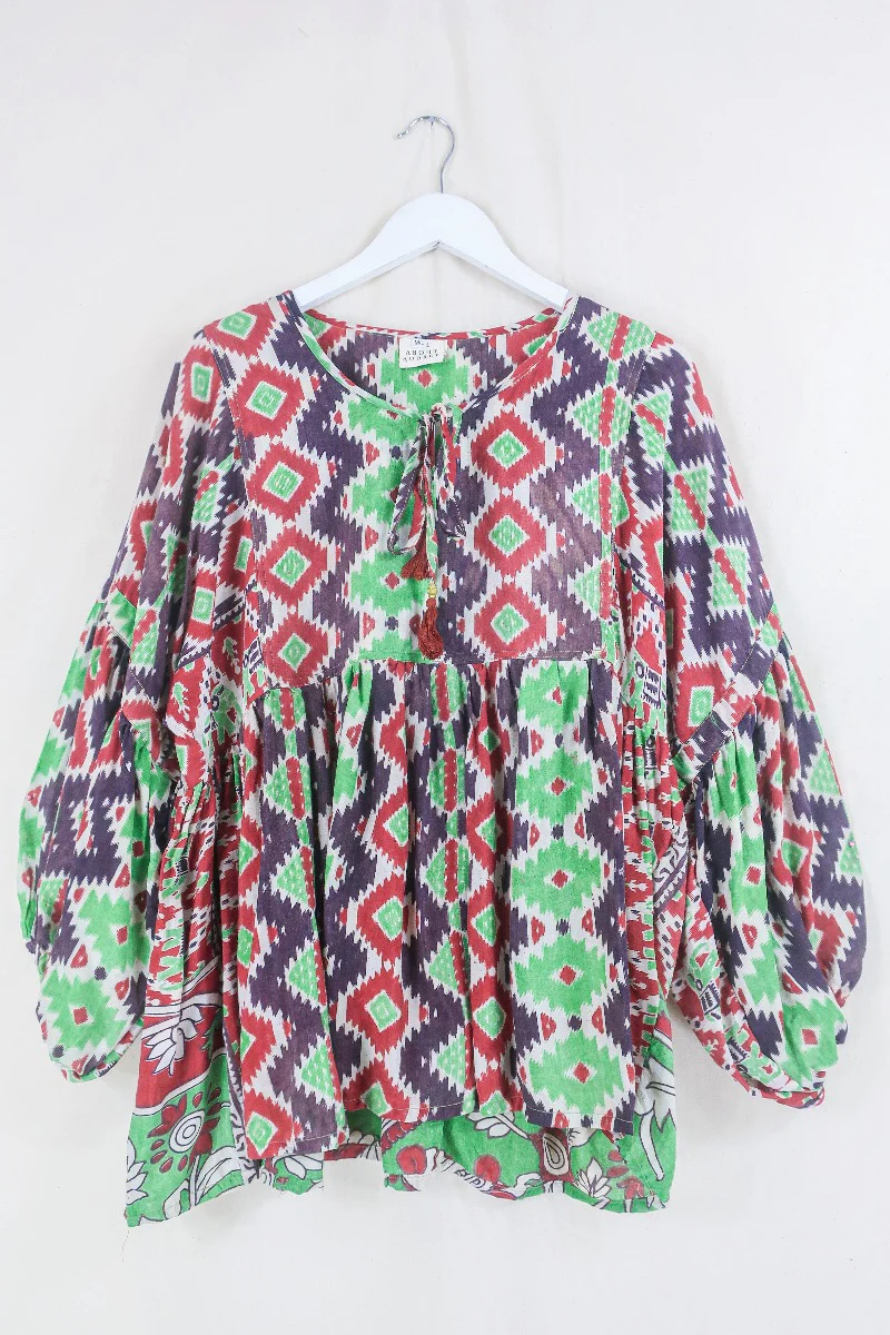 Daisy Smock Top - Mint and Chocolate Chip Kilim - Vintage Indian Cotton - Size M/L