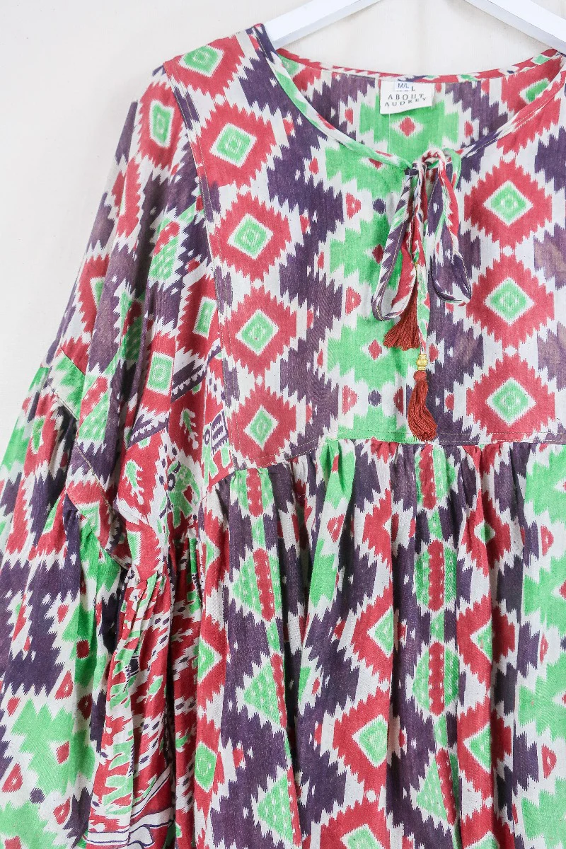 Daisy Smock Top - Mint and Chocolate Chip Kilim - Vintage Indian Cotton - Size M/L - Image 2