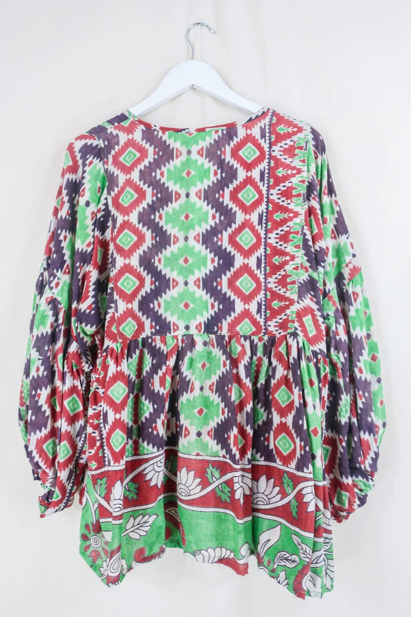 Daisy Smock Top - Mint and Chocolate Chip Kilim - Vintage Indian Cotton - Size M/L - Image 3