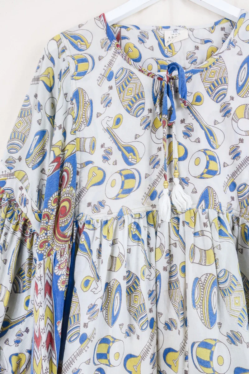 Daisy Smock Top - Boogie to the Beat in Lemon and Lapis - Vintage Indian Cotton - Size M/L - Image 2