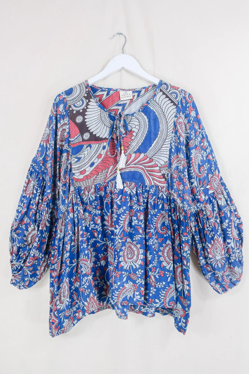 Daisy Smock Top - Lapis and Raspberry Gardenia  - Vintage Indian Cotton - Size M/L