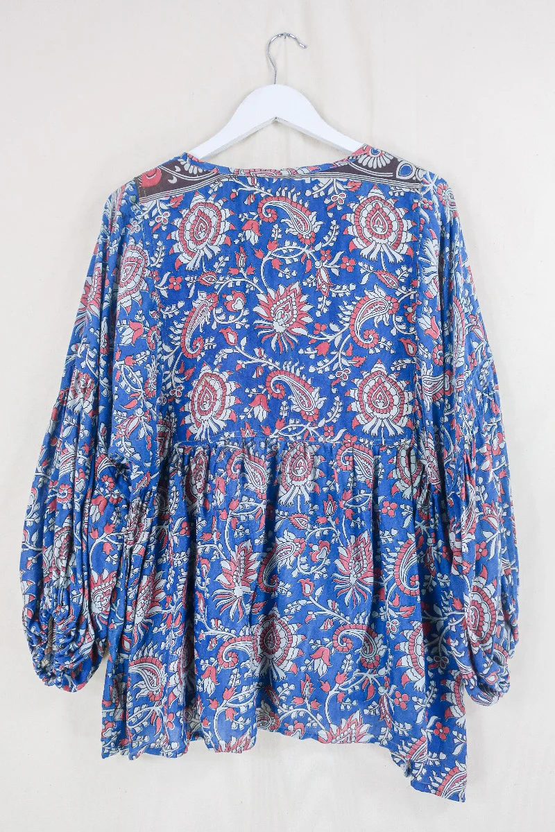 Daisy Smock Top - Lapis and Raspberry Gardenia  - Vintage Indian Cotton - Size M/L - Image 3