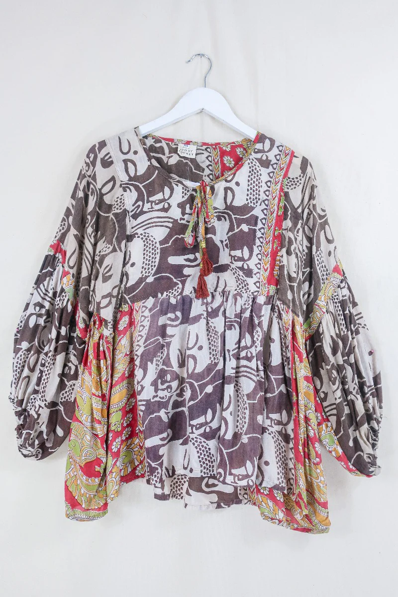Daisy Smock Top - Mocha and Saffron Bold Face Print - Vintage Indian Cotton - Size M/L