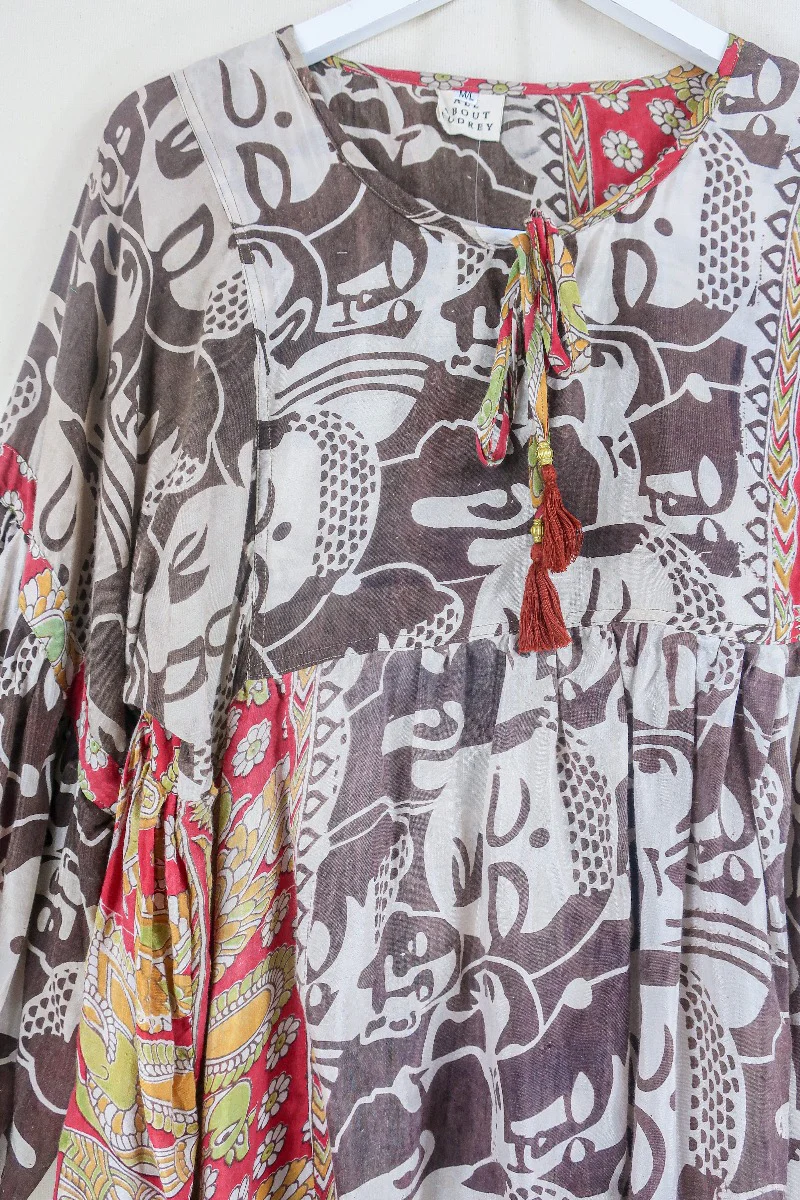 Daisy Smock Top - Mocha and Saffron Bold Face Print - Vintage Indian Cotton - Size M/L - Image 2