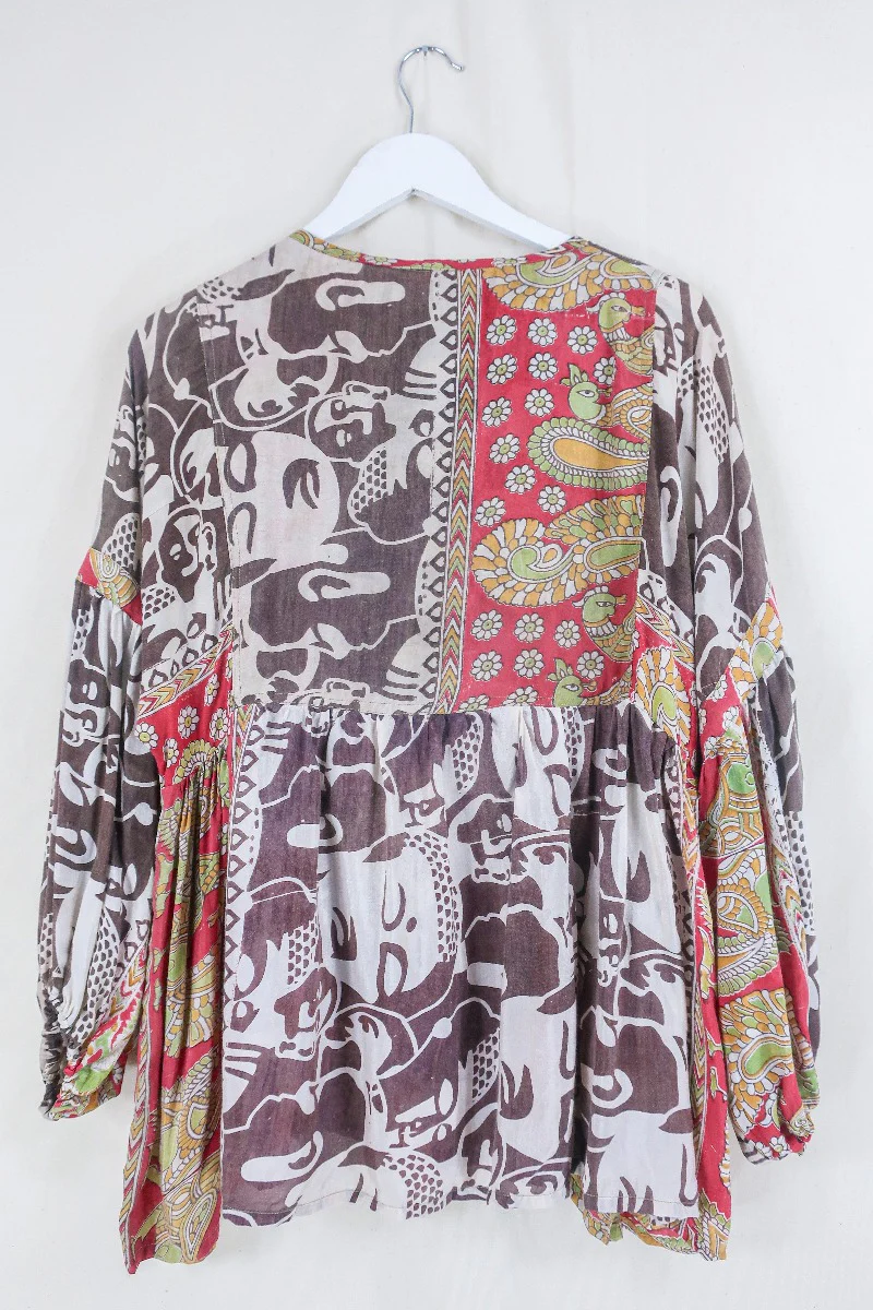 Daisy Smock Top - Mocha and Saffron Bold Face Print - Vintage Indian Cotton - Size M/L - Image 3