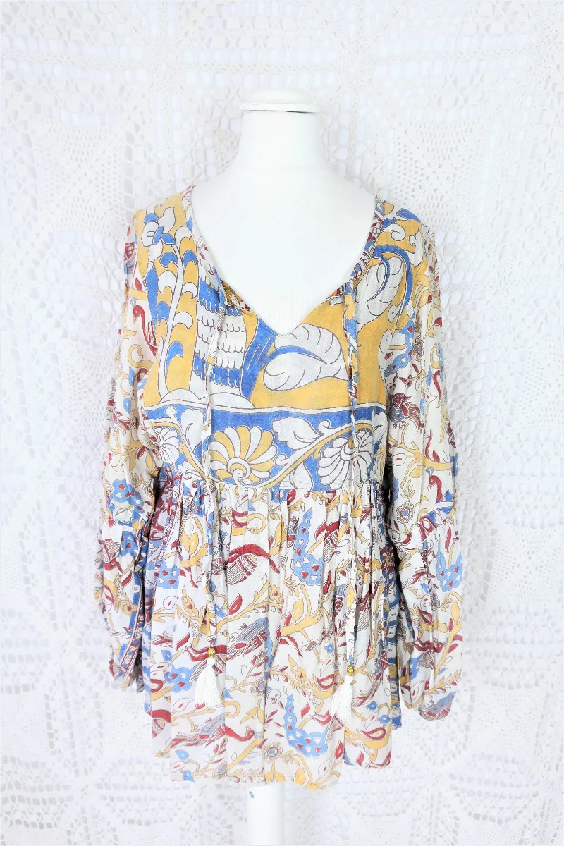 Daisy Smock Top - Vintage Indian Sari - Buttercup & Sky Bird Block Print - Size S - Image 3