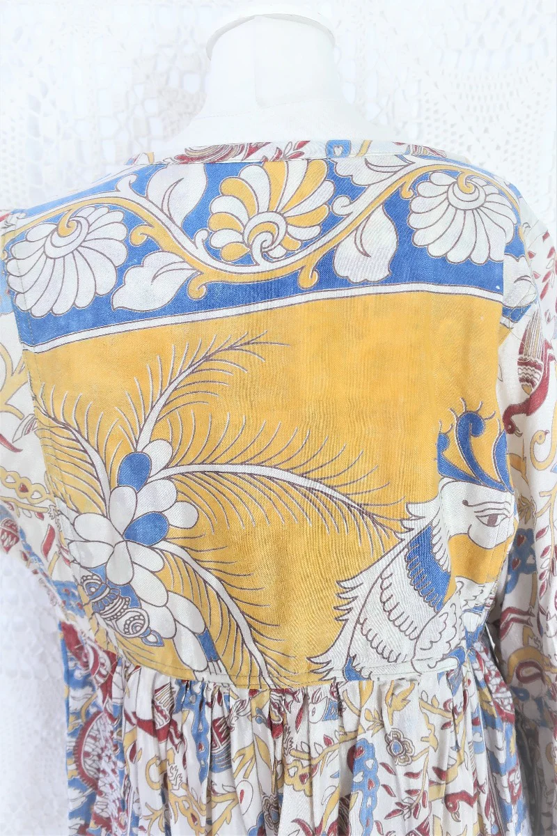 Daisy Smock Top - Vintage Indian Sari - Buttercup & Sky Bird Block Print - Size S - Image 4
