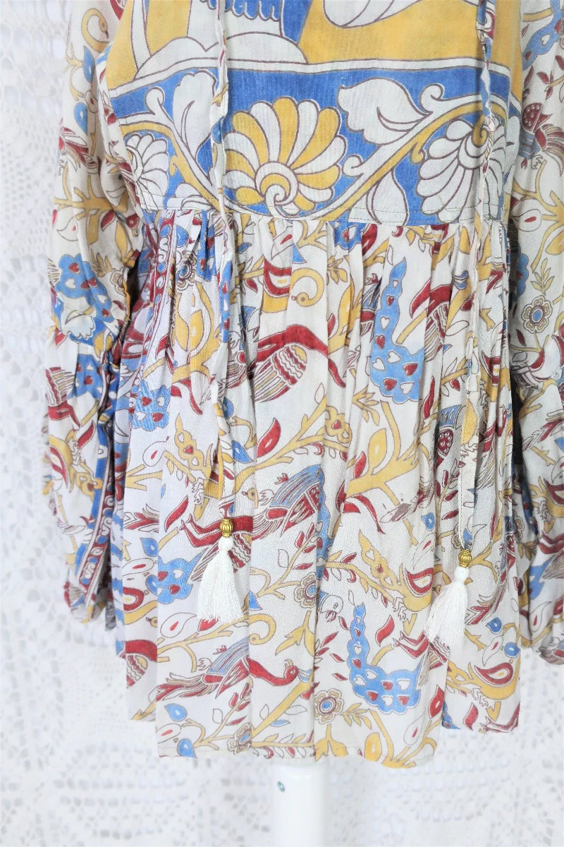 Daisy Smock Top - Vintage Indian Sari - Buttercup & Sky Bird Block Print - Size S - Image 5
