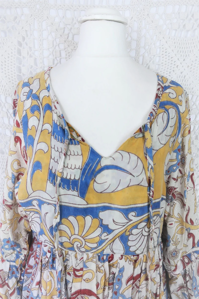 Daisy Smock Top - Vintage Indian Sari - Buttercup & Sky Bird Block Print - Size S - Image 6