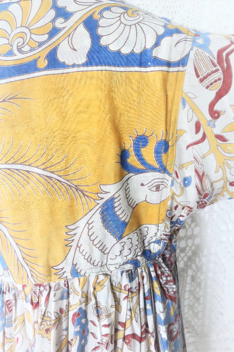 Daisy Smock Top - Vintage Indian Sari - Buttercup & Sky Bird Block Print - Size S - Image 7