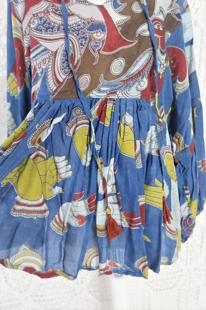 Daisy Smock Top - Vintage Indian Sari - Cerulean, Scarlett & Chartreuse Hand Gesture Block Print - Size S - Image 6