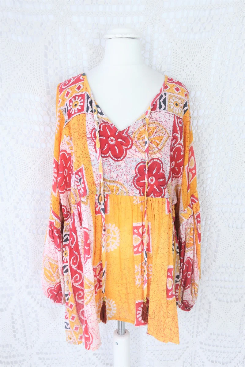 Daisy Smock Top - Vintage Indian Sari - Marigold & Scarlett Floral - Size M/L - Image 3