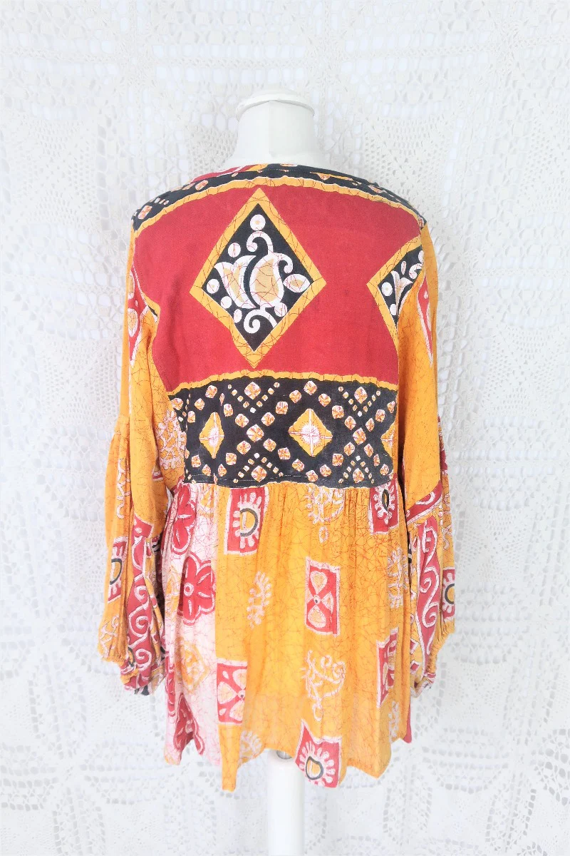 Daisy Smock Top - Vintage Indian Sari - Marigold & Scarlett Floral - Size M/L - Image 4