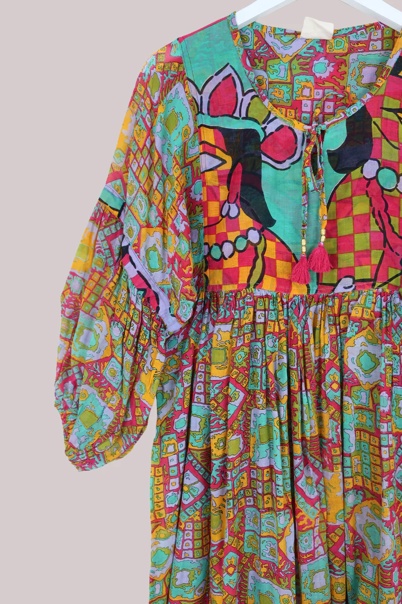 Daisy Vintage Cotton Maxi Dress in Aqua, Rouge, Lilac & Gold - Size S/M - Image 2