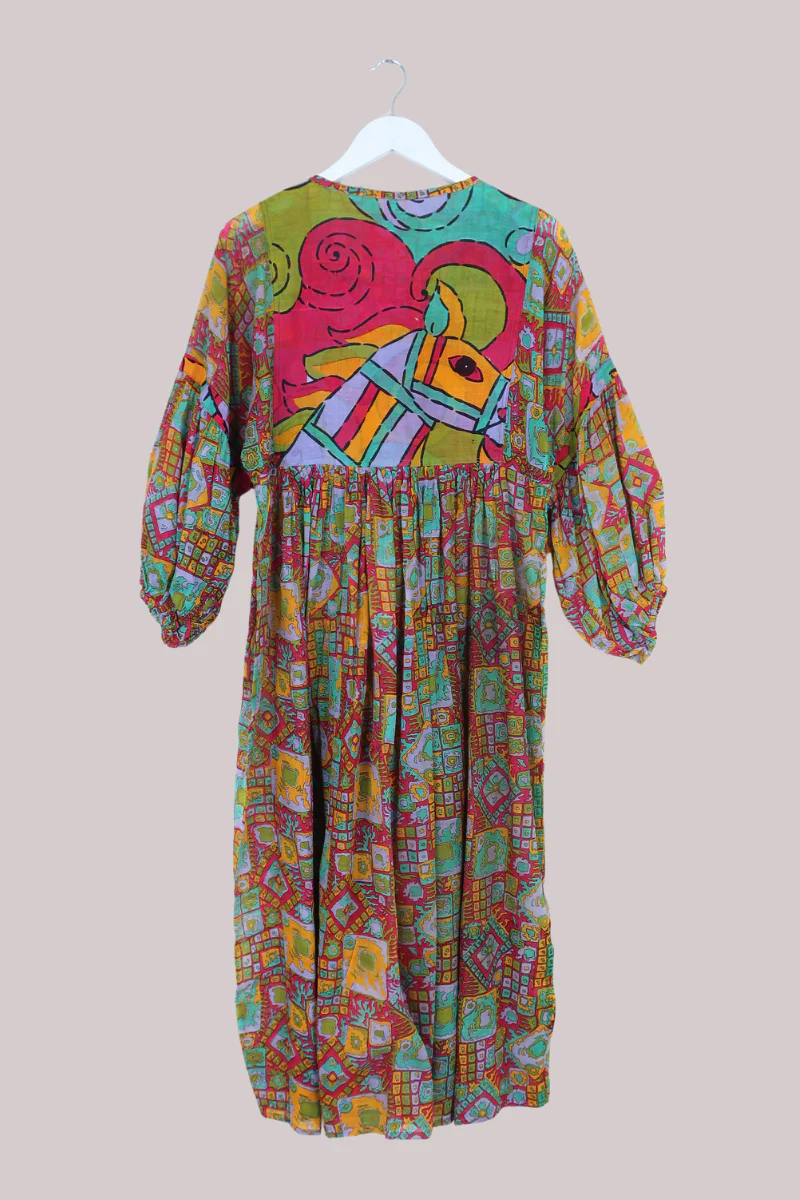 Daisy Vintage Cotton Maxi Dress in Aqua, Rouge, Lilac & Gold - Size S/M - Image 3