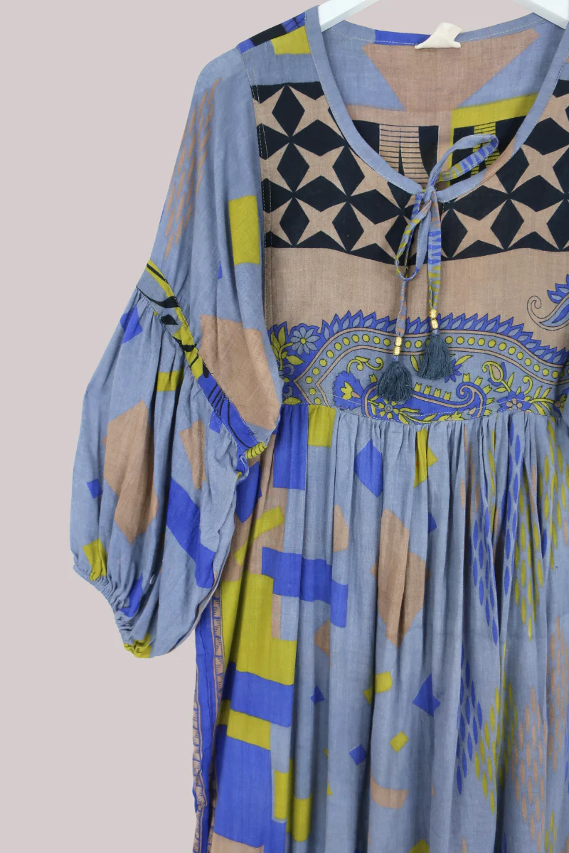 Daisy Vintage Cotton Maxi Dress in Steel Blue & Cobalt - Size XS - Image 2