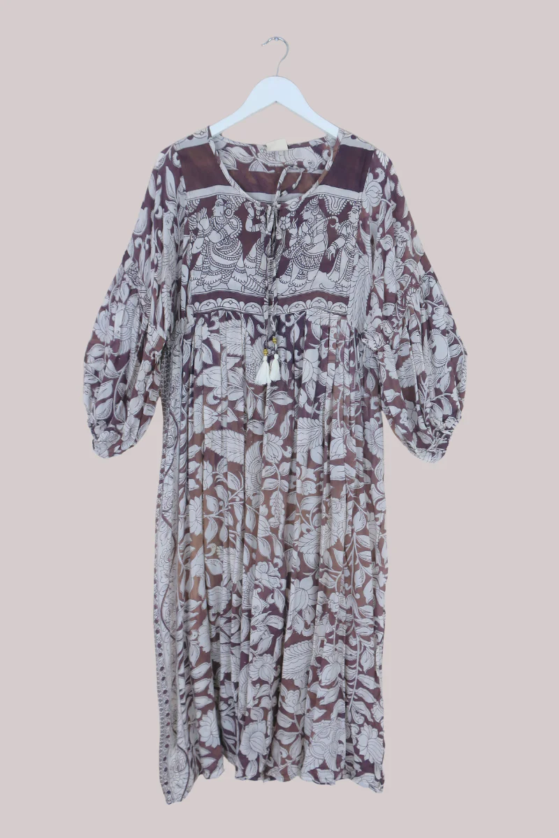Daisy Vintage Cotton Maxi Dress - Pecan Brown & White Peacocks - Size M/L