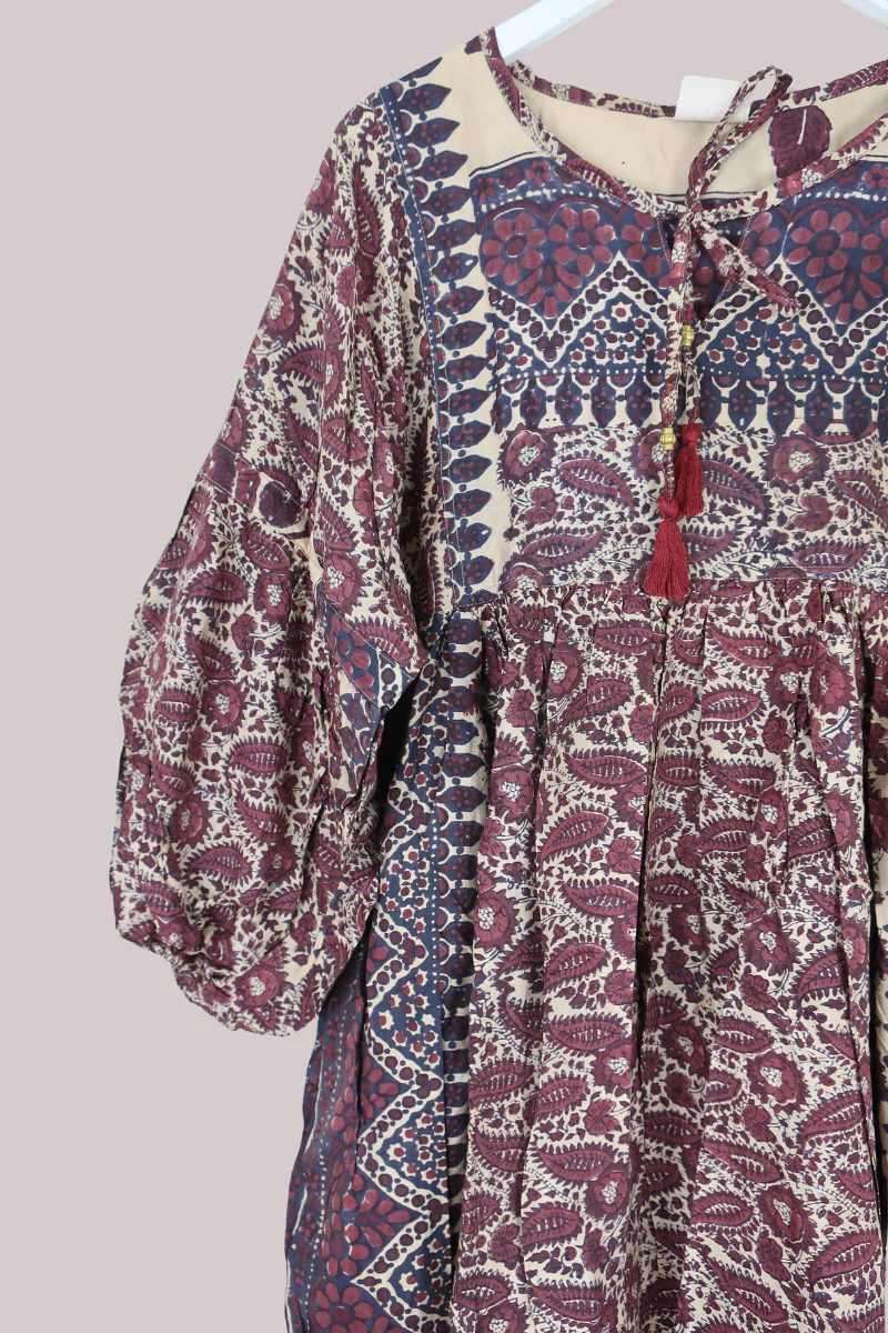 Daisy Vintage Cotton Midi Dress - Plum & Mauve Block Print - Size M/L - Image 2
