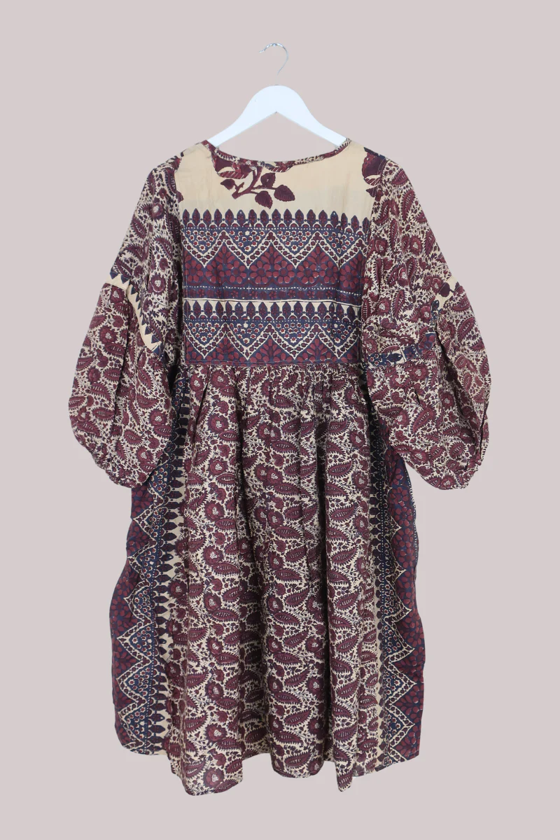 Daisy Vintage Cotton Midi Dress - Plum & Mauve Block Print - Size M/L - Image 3