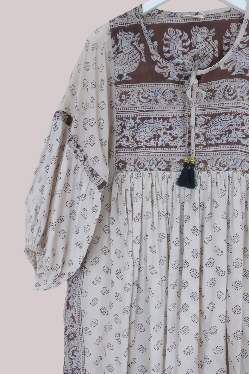 Daisy Vintage Cotton Midi Dress - White, Brown & Earthy Blue Paisley - Size M/L - Image 2