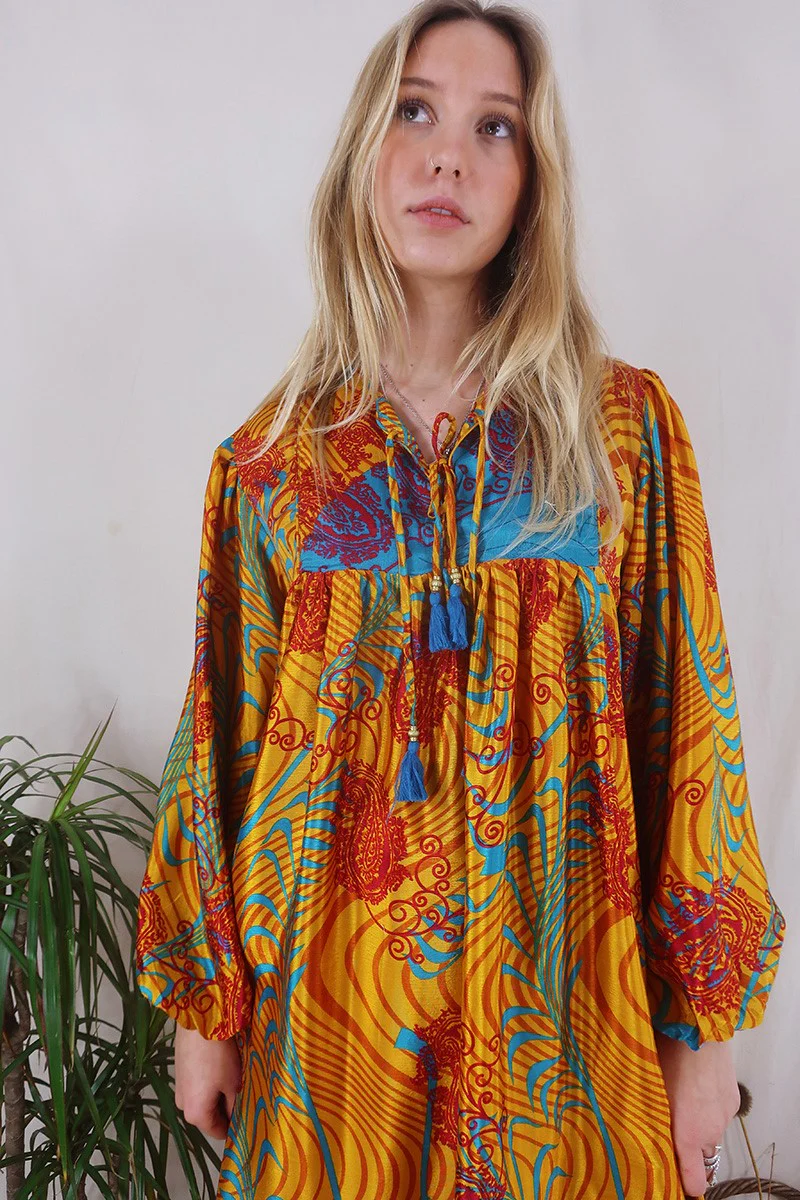 Daphne Dress - Vivid Amber & Turquoise Palms - Vintage Sari - Size S/M - Image 2