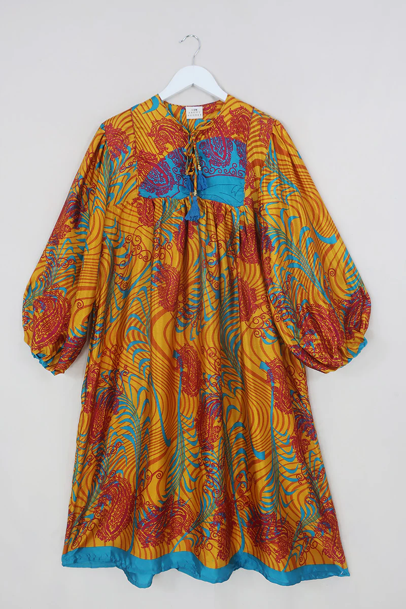 Daphne Dress - Vivid Amber & Turquoise Palms - Vintage Sari - Size S/M - Image 3