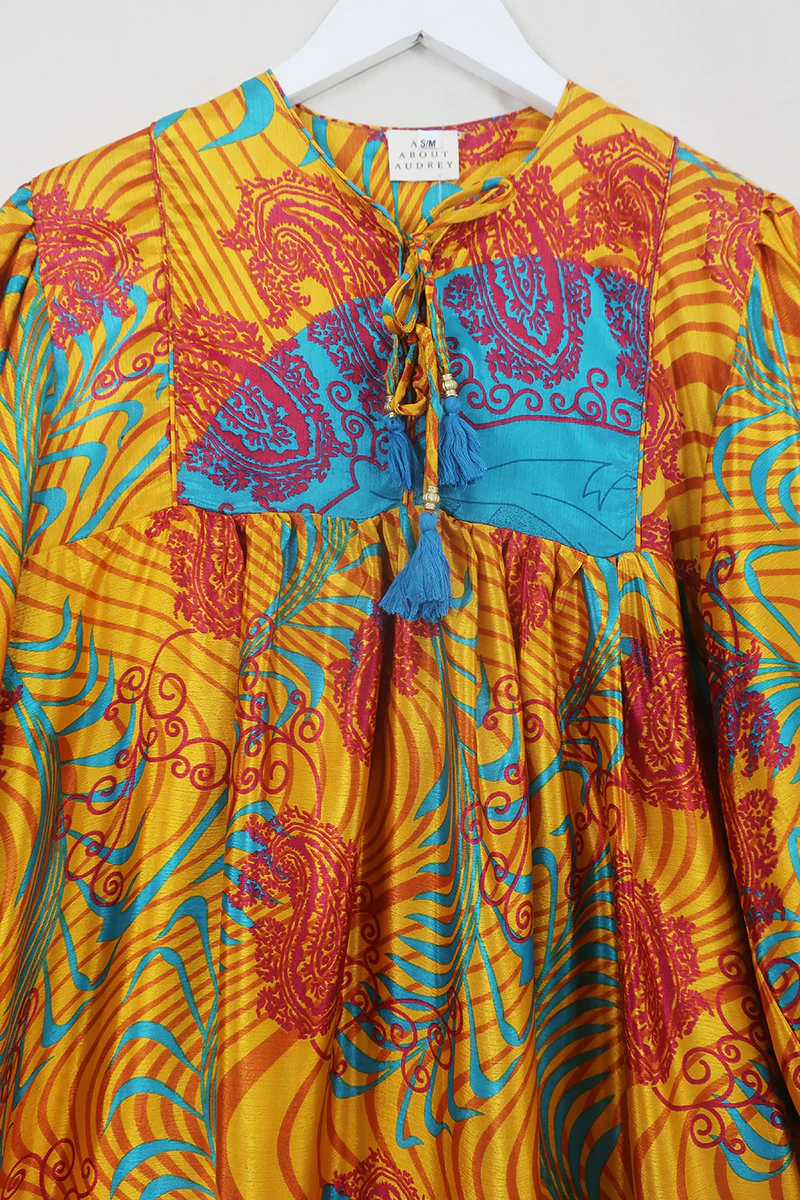 Daphne Dress - Vivid Amber & Turquoise Palms - Vintage Sari - Size S/M - Image 4