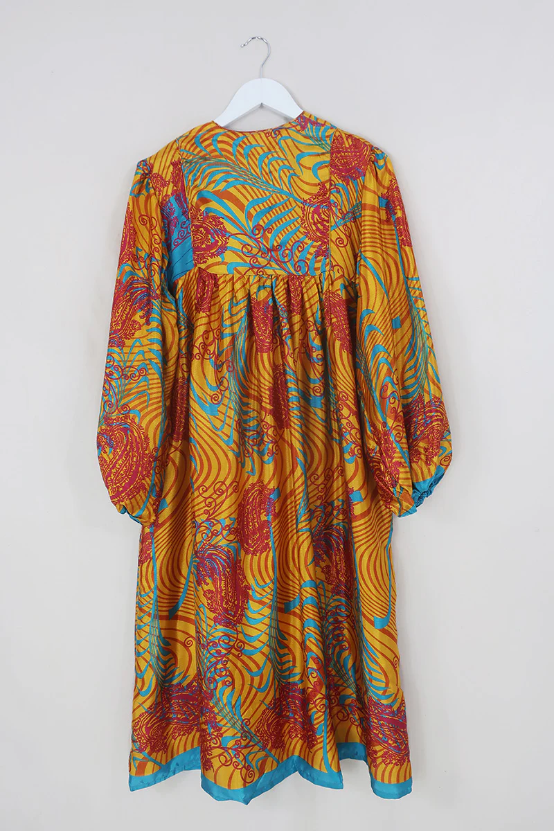 Daphne Dress - Vivid Amber & Turquoise Palms - Vintage Sari - Size S/M - Image 5