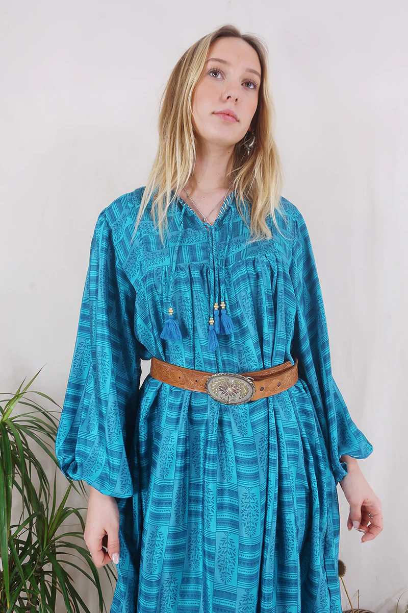 Daphne Dress - Marine Blue Mosaic - Vintage Sari - Size XL - Image 2