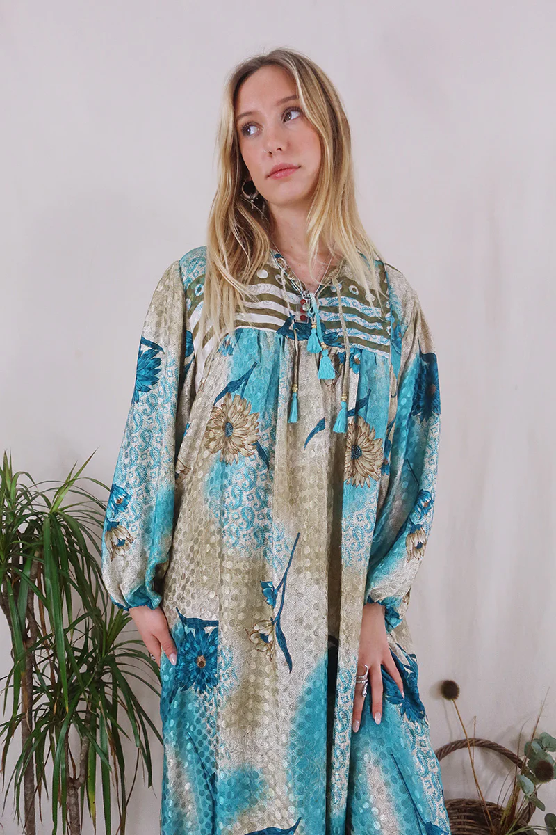 Daphne Dress - Tawny & Teal Marigolds - Vintage Sari - Size XL - Image 2