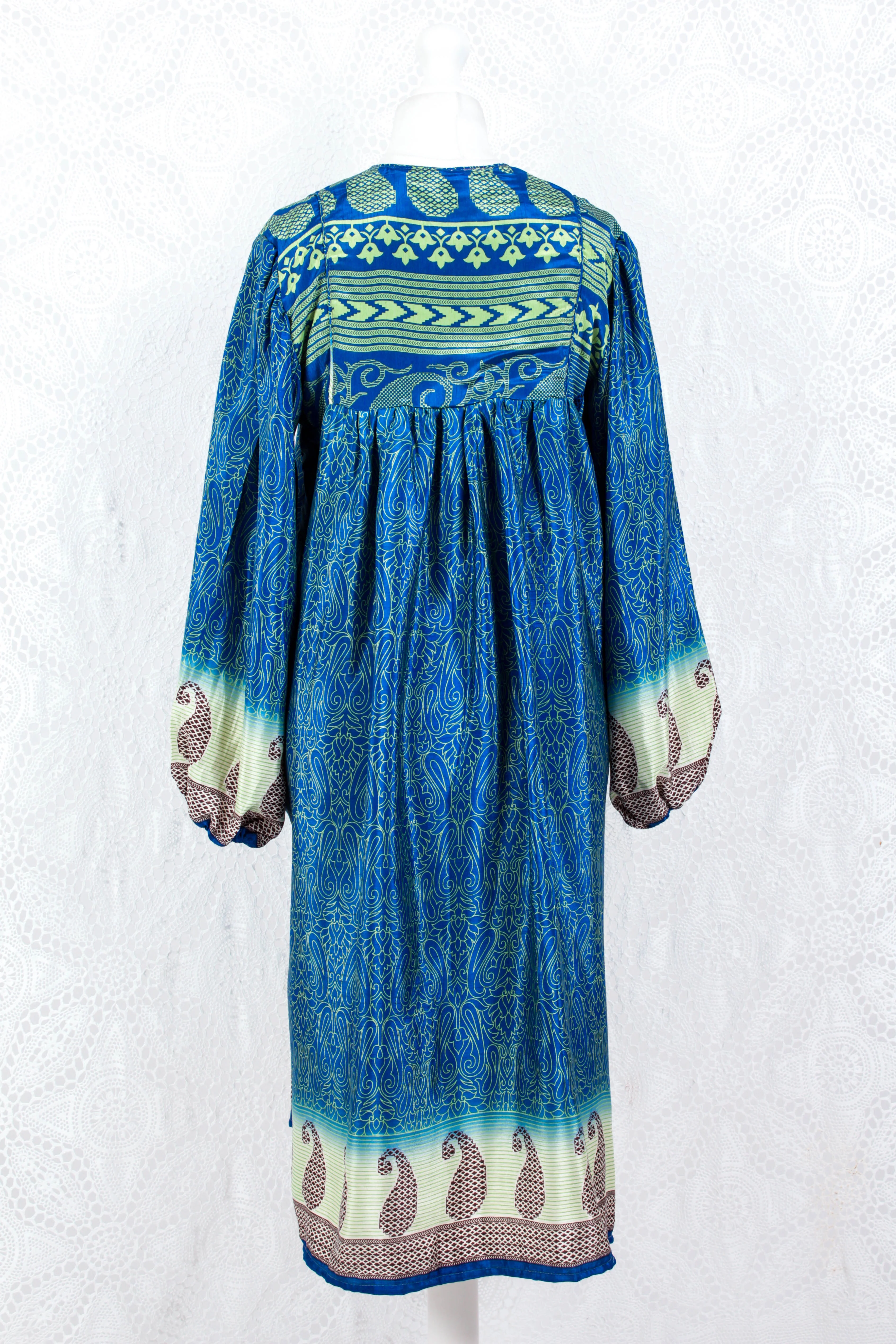 Daphne Smock Dress - Vintage Indian Sari - Blue & Green Paisley - S/M - Image 3