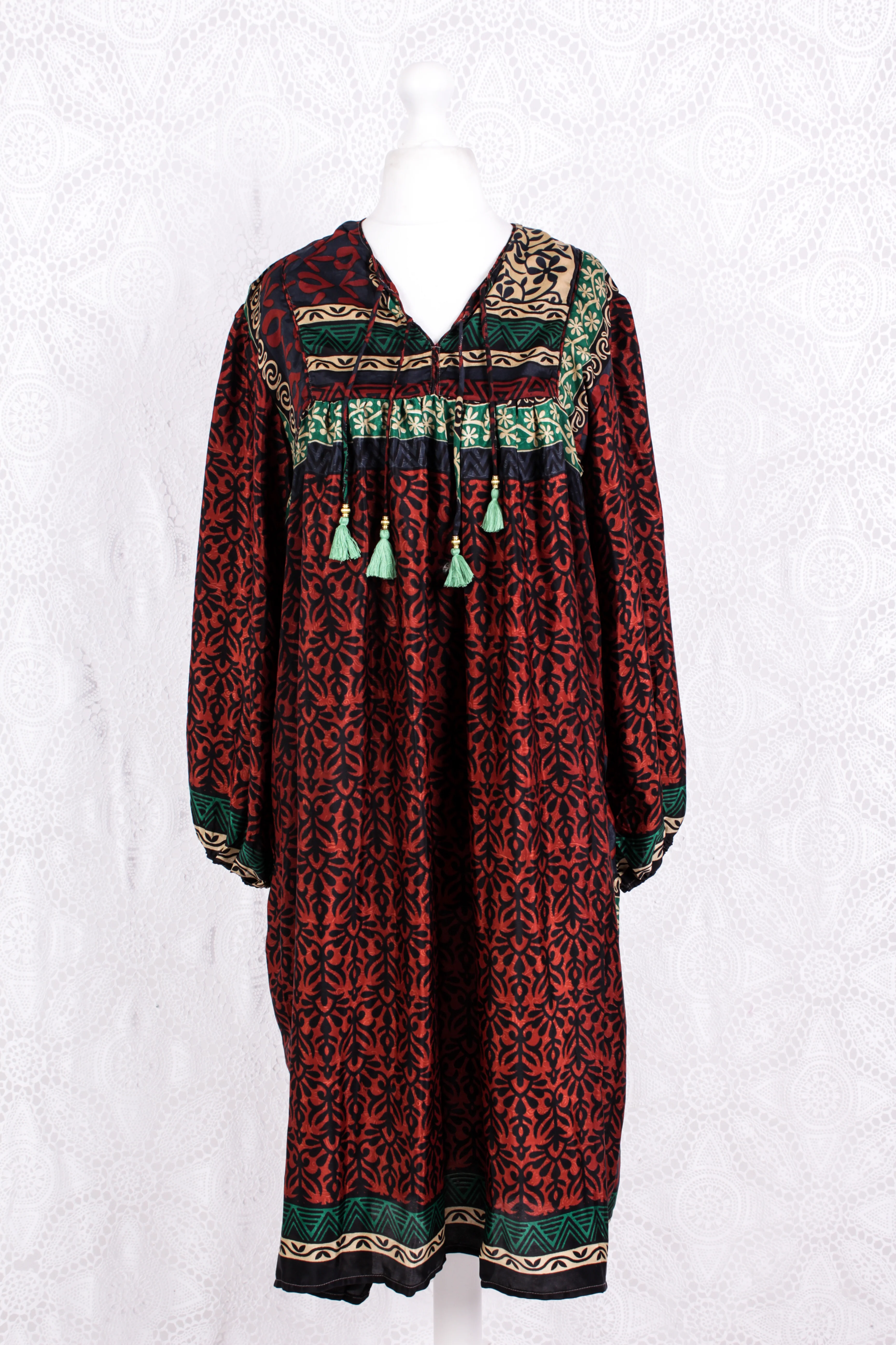 Daphne Smock Dress - Vintage Indian Sari - Russet Navy & Green Floral - M/L - Image 3